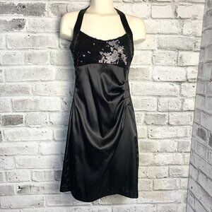Vintage 90s Y2K B. Smart Black Satin Sparkle Ruched Halter Dress